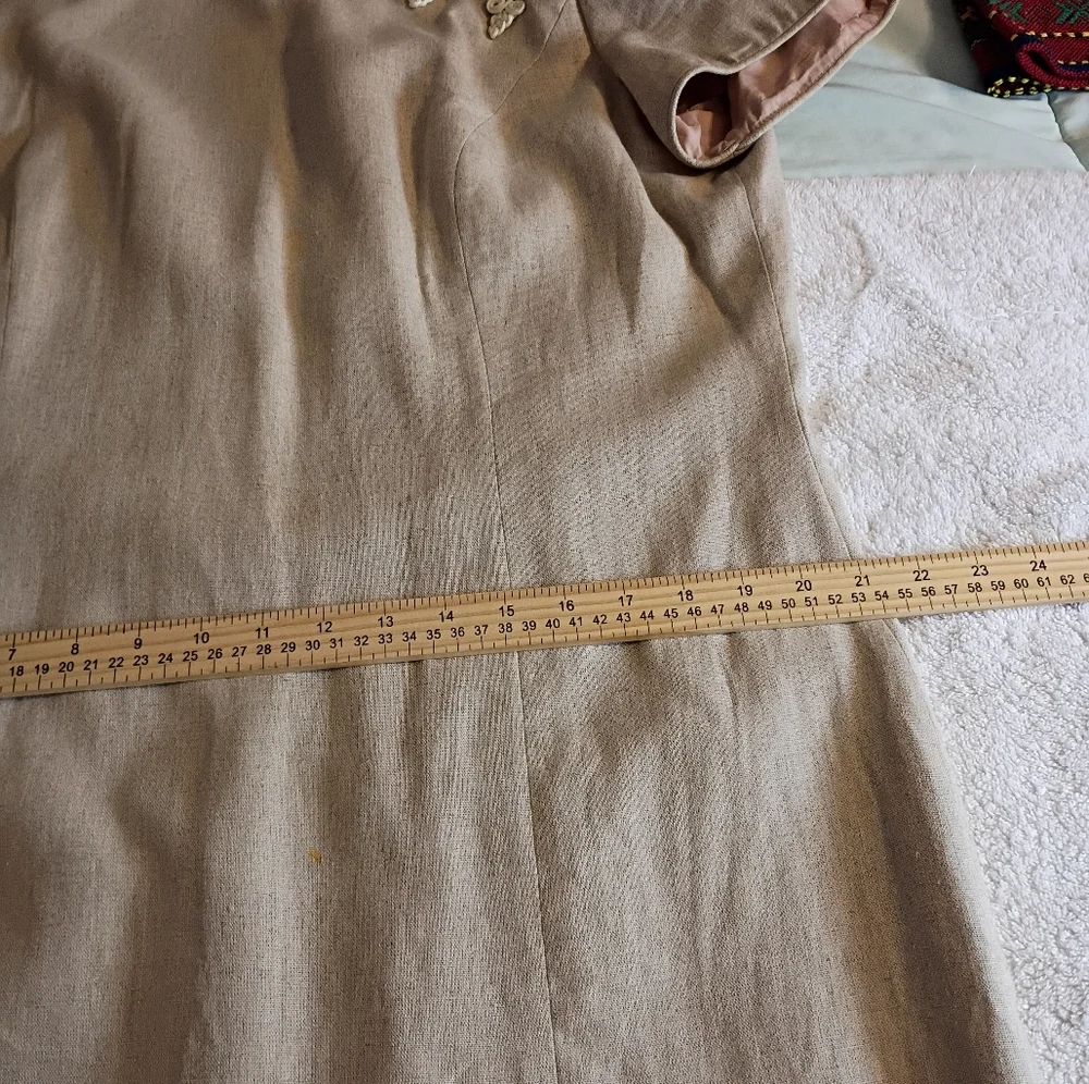 David Warren Beige Qpao Cheongsam with Pankou Linen Blend Women Dress Size 14 - Picture 11 of 11